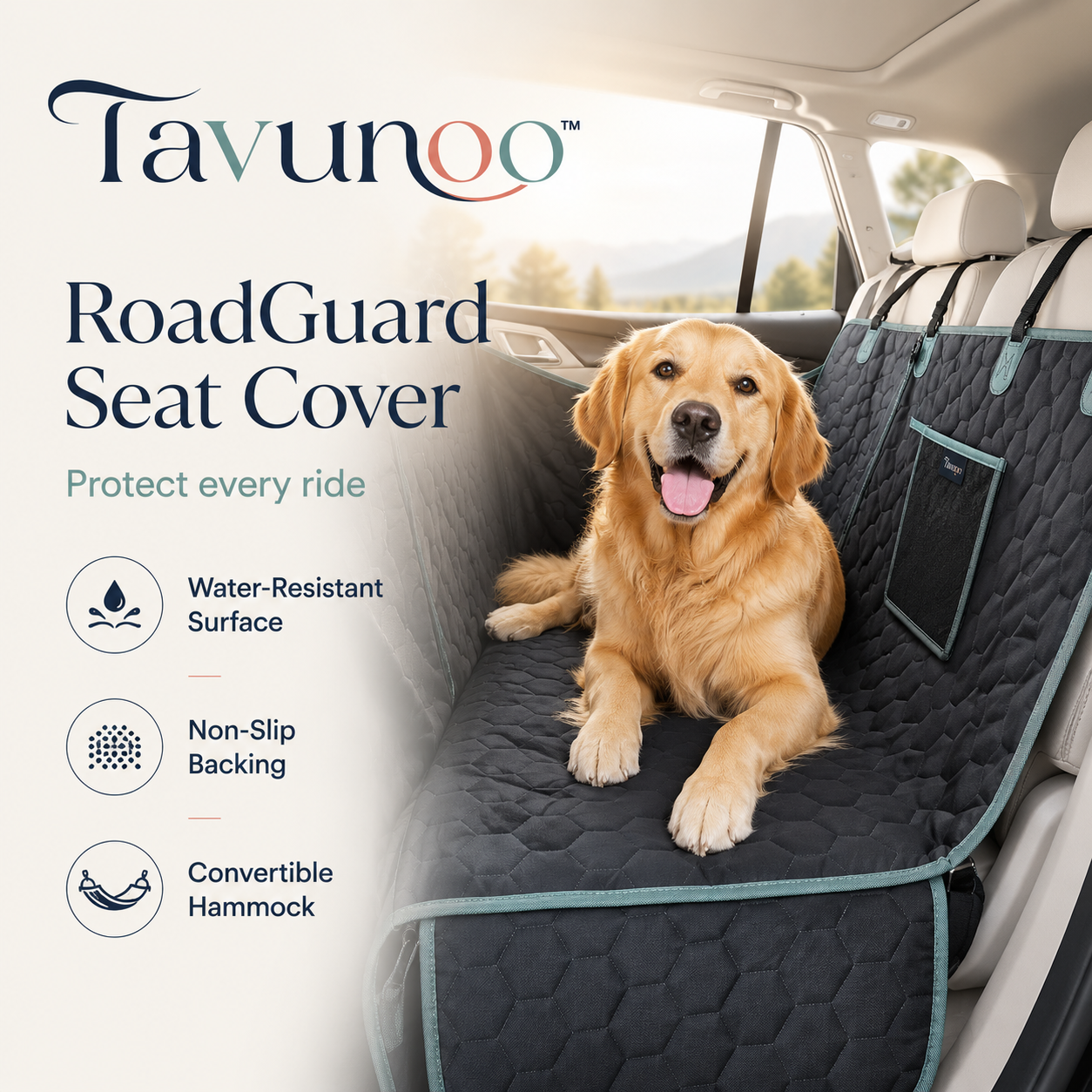 Tavunoo™ RoadGuard Waterproof Dog Car Seat Cover – Non-Slip Pet Hammock Protector for Back Seats