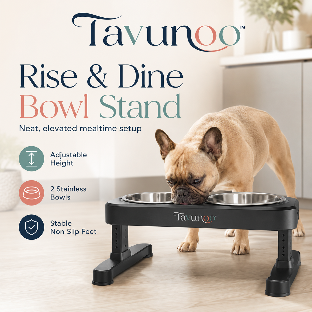 Tavunoo™ Rise & Dine Elevated Pet Bowl Stand – Adjustable Dog Feeding Station with Stainless Steel Bowls