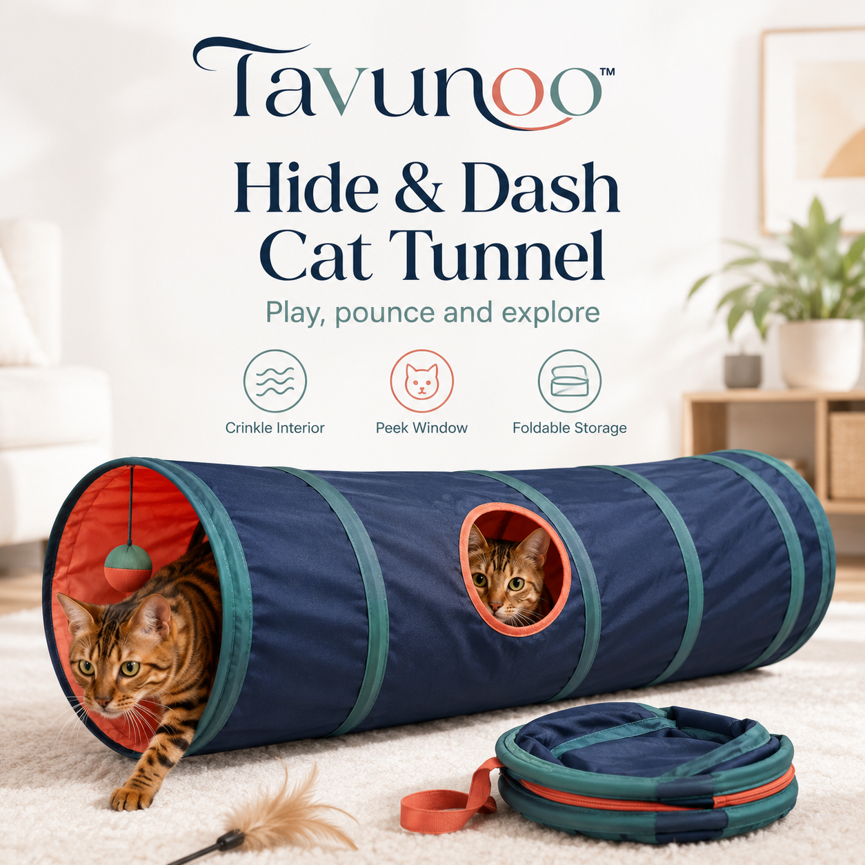 Tavunoo™ Hide & Dash Collapsible Cat Tunnel – Crinkle Play Tube with Peek Window and Hanging Toy