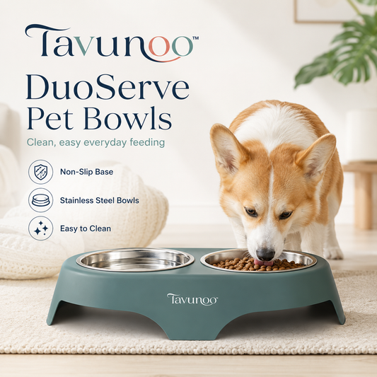 Tavunoo™ DuoServe Non-Slip Dog & Cat Bowls – Stainless Steel Pet Feeding Set with Raised Spill-Resistant Base