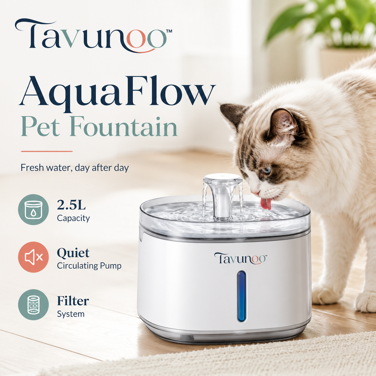 Tavunoo™ AquaFlow 2.5L Pet Water Fountain – Quiet USB Dog & Cat Drinking Dispenser with Filter System