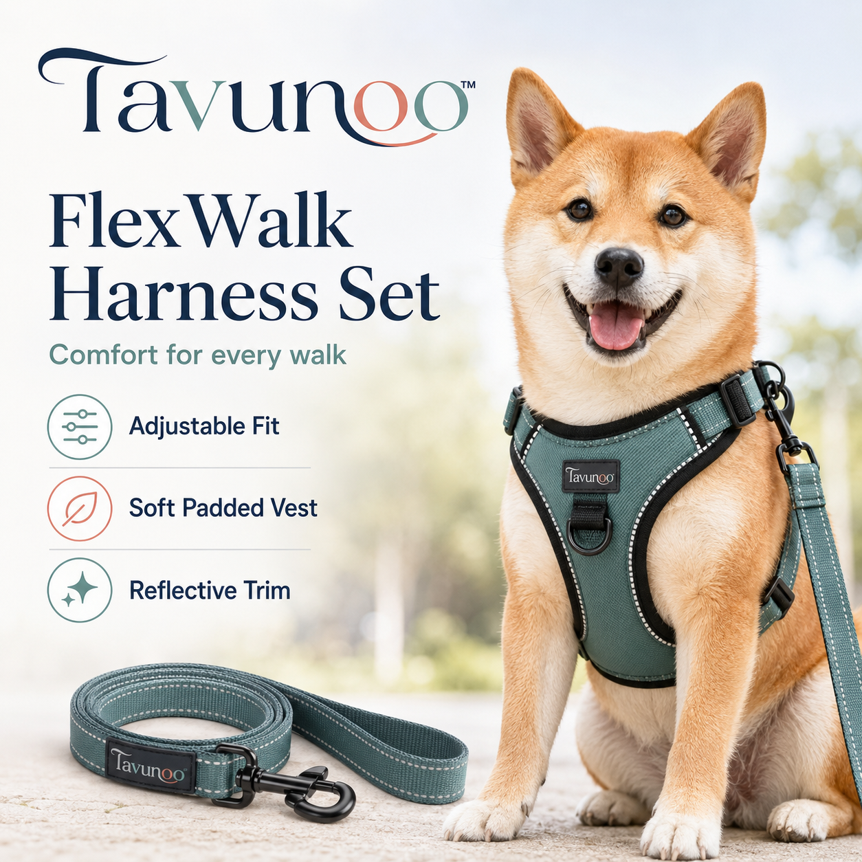 Tavunoo™ FlexWalk Adjustable Dog Harness & Leash Set – Padded Step-In Pet Vest with Reflective Trim