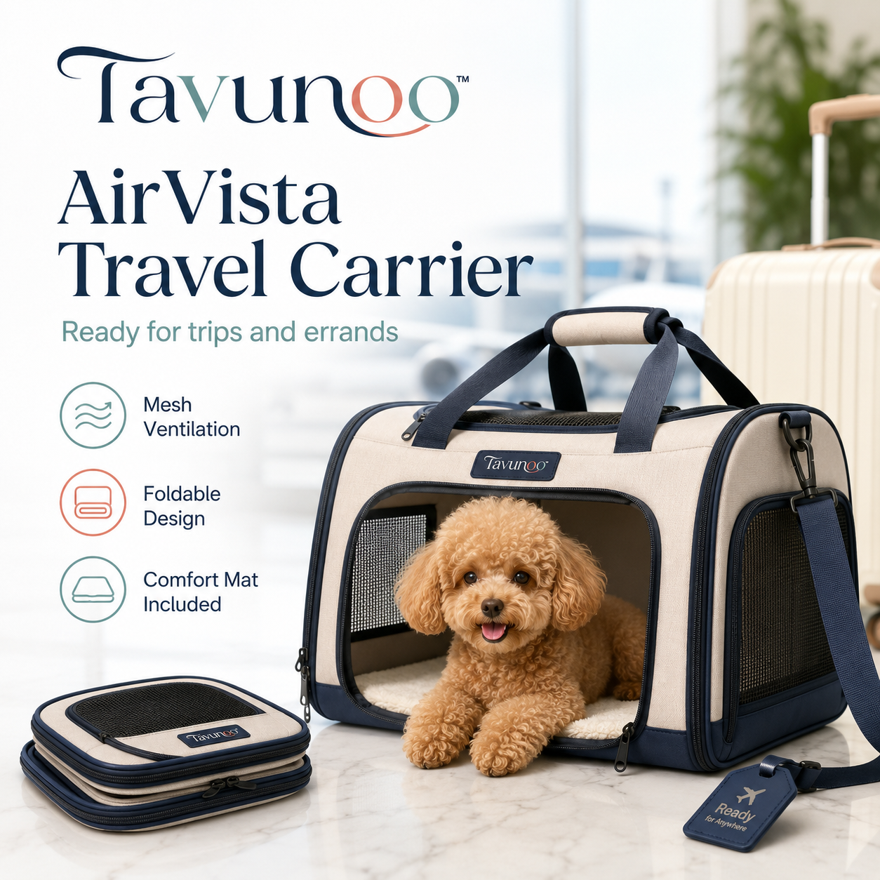 Tavunoo™ AirVista Foldable Pet Travel Carrier – Soft-Sided Dog & Cat Carrier Bag with Mesh Ventilation