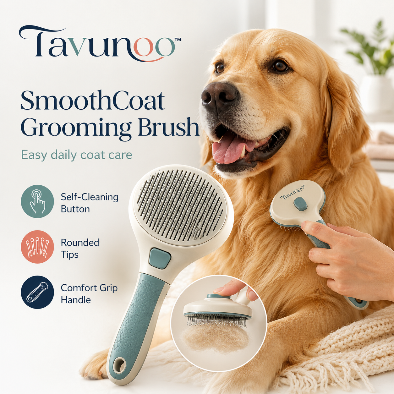 Tavunoo™ SmoothCoat Self-Cleaning Pet Grooming Brush – Slicker Brush for Dogs & Cats with Push-Button Hair Release